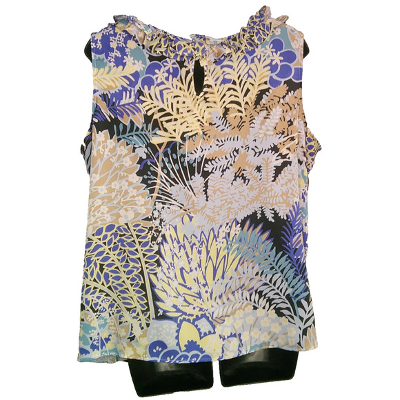 Talbots 2X Petite Ruffle Neck Blue Yellow Tan Sleeveless Blouse - Picture 5 of 6